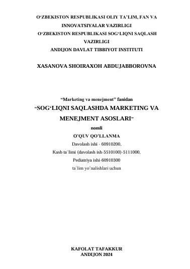 Sog‘liqni saqlashda marketing va menejment asoslari
