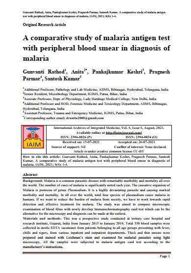 A comparative study of malaria antigen test with peripheral blood smear in diagnosis of malaria